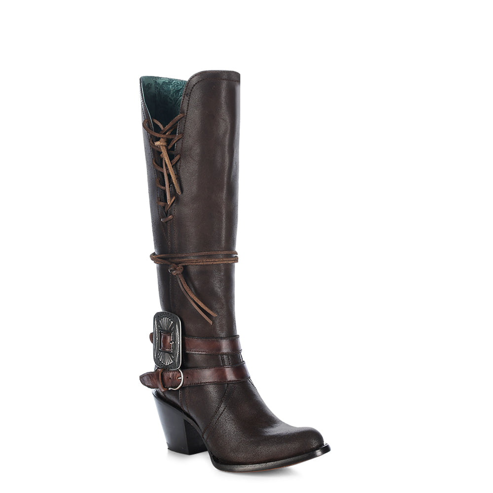 C4184- Round Toe Chocolate Harness Boot- 