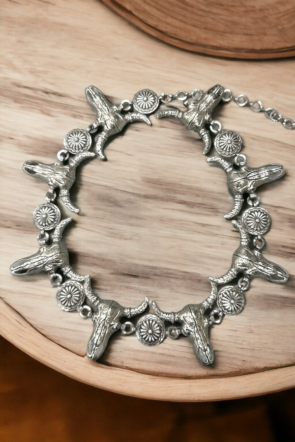 Western Steer Head Concho Belt- Silver-