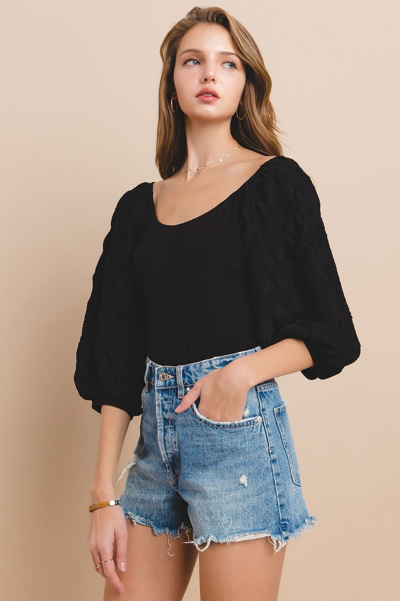 Scoop Neck Balloon Sleeve Bodysuit- Black- 