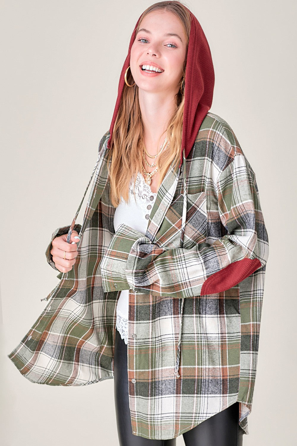 Multi-Colored Plaid Shacket with Hood