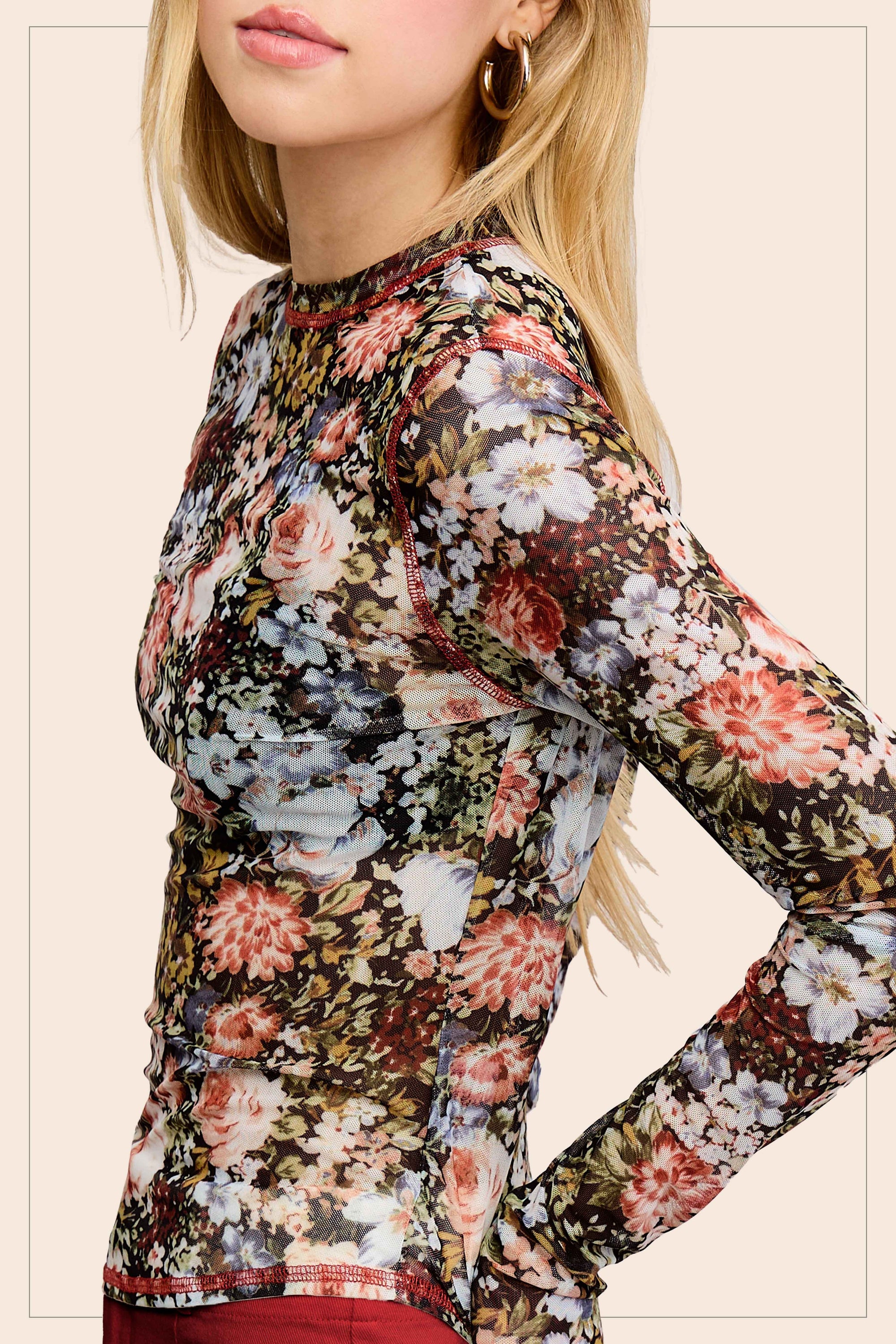 Sheer Floral Mesh Top - Black- 