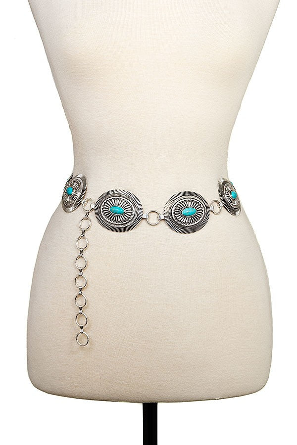 Oval Etched Concho Belt- Silver/Turquoise- L/XL