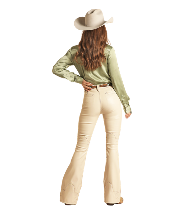 Fancy Stitch Pleather Flares- Cream- 