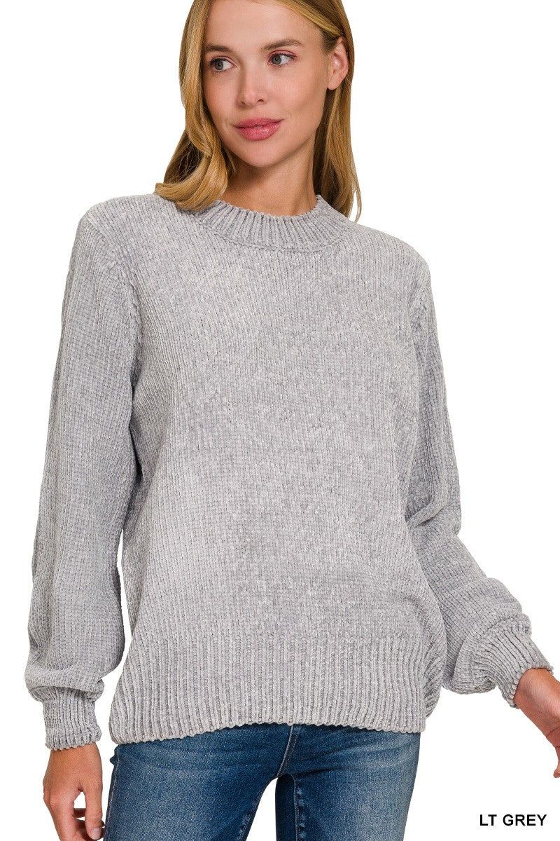 Chenille Balloon Sleeve Sweater- TW-3419A- Light Grey- 