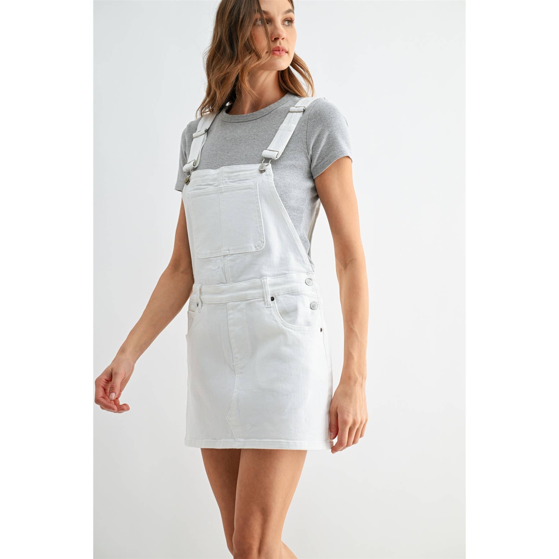 Denim Overall Mini Dress- White