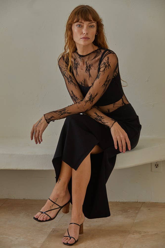 Sheer Layering Design Mesh Shirt- Black