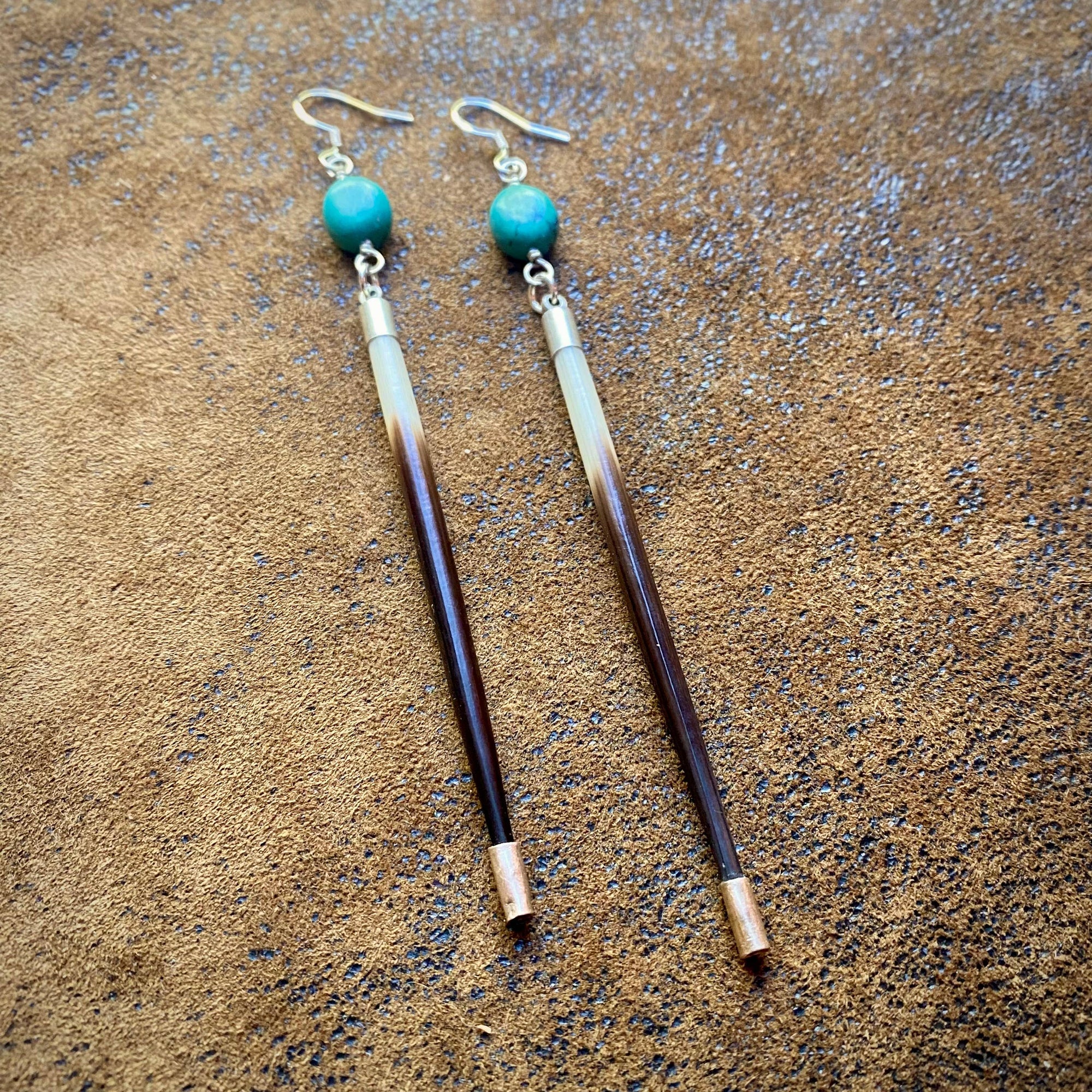 Porcupine Quill &amp; Turquoise Earrings, with Silver Earwires