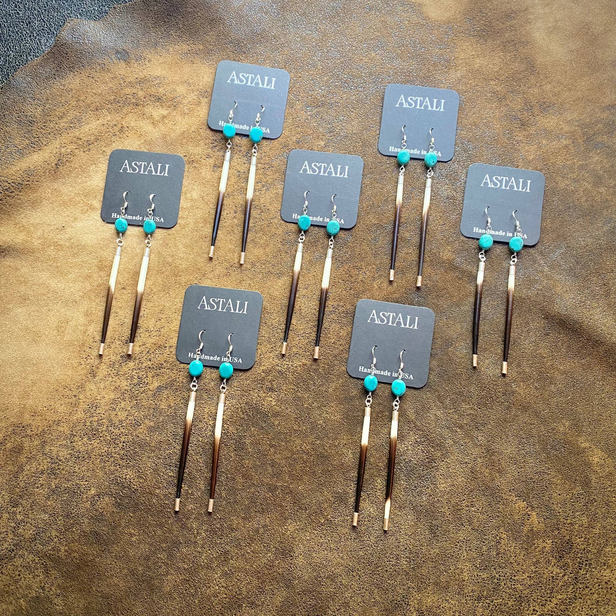 Porcupine Quill &amp; Turquoise Earrings, with Silver Earwires