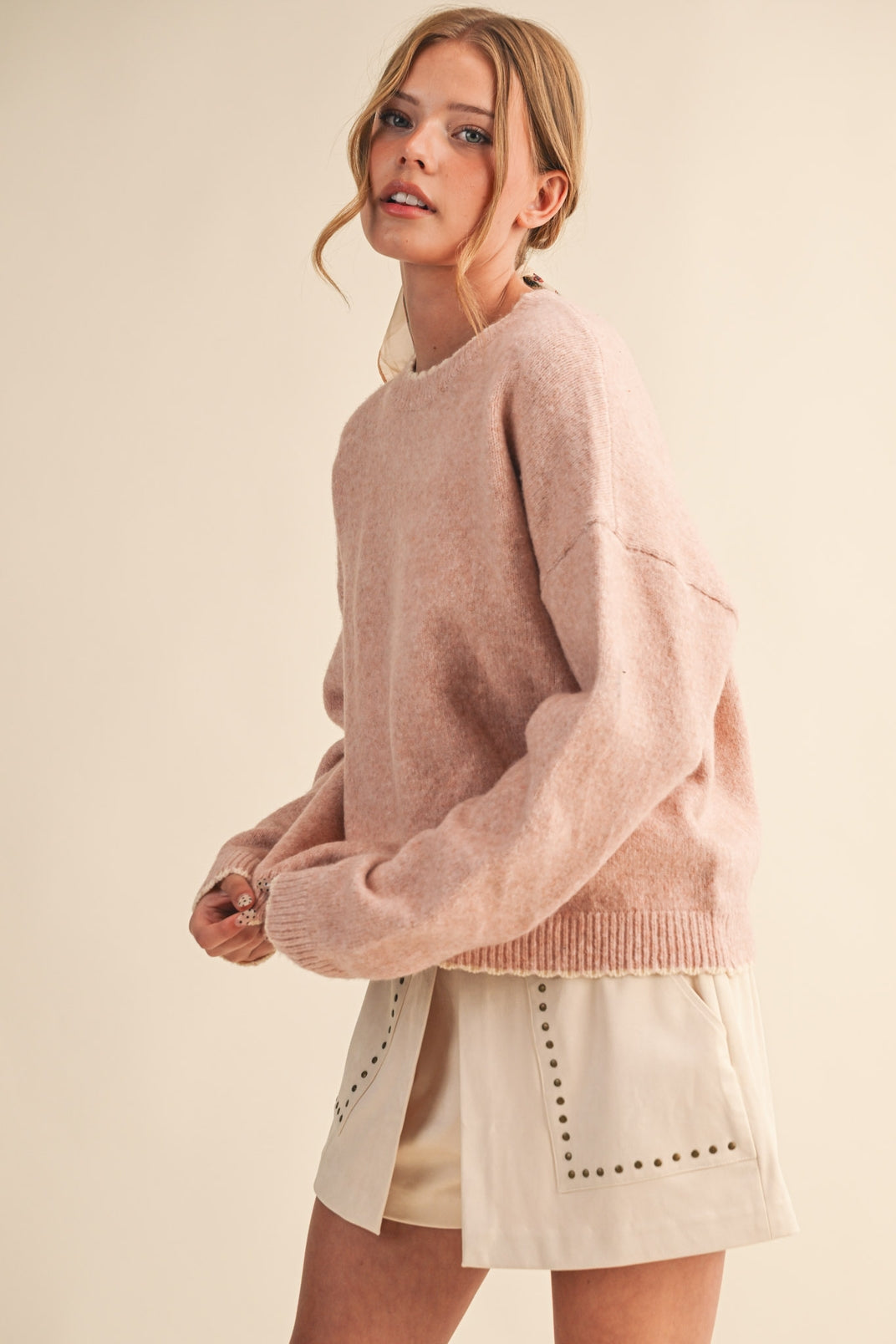 Contrast Scallop Sweater- Pink-