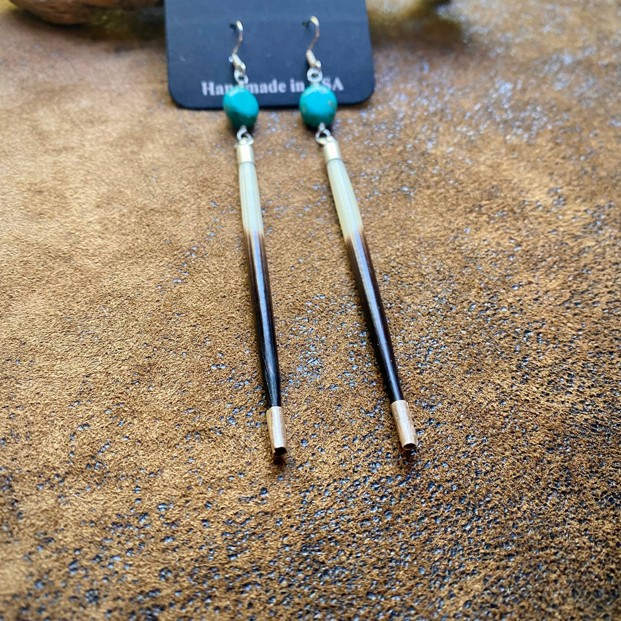 Porcupine Quill &amp; Turquoise Earrings, with Silver Earwires