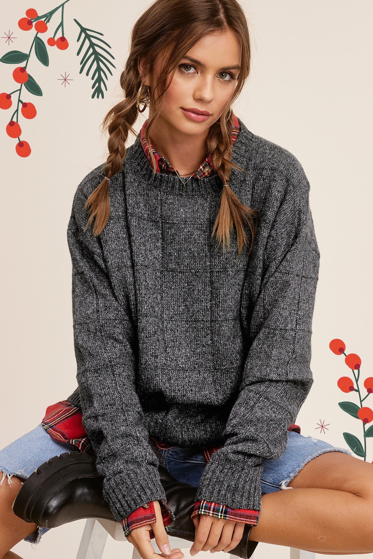 Nellie- Woven Pattern Sweater- Charcoal Black- 