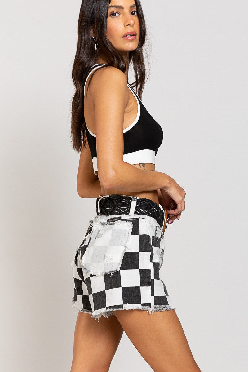 Checkered Distressed Shorts with Color Block Pocket 