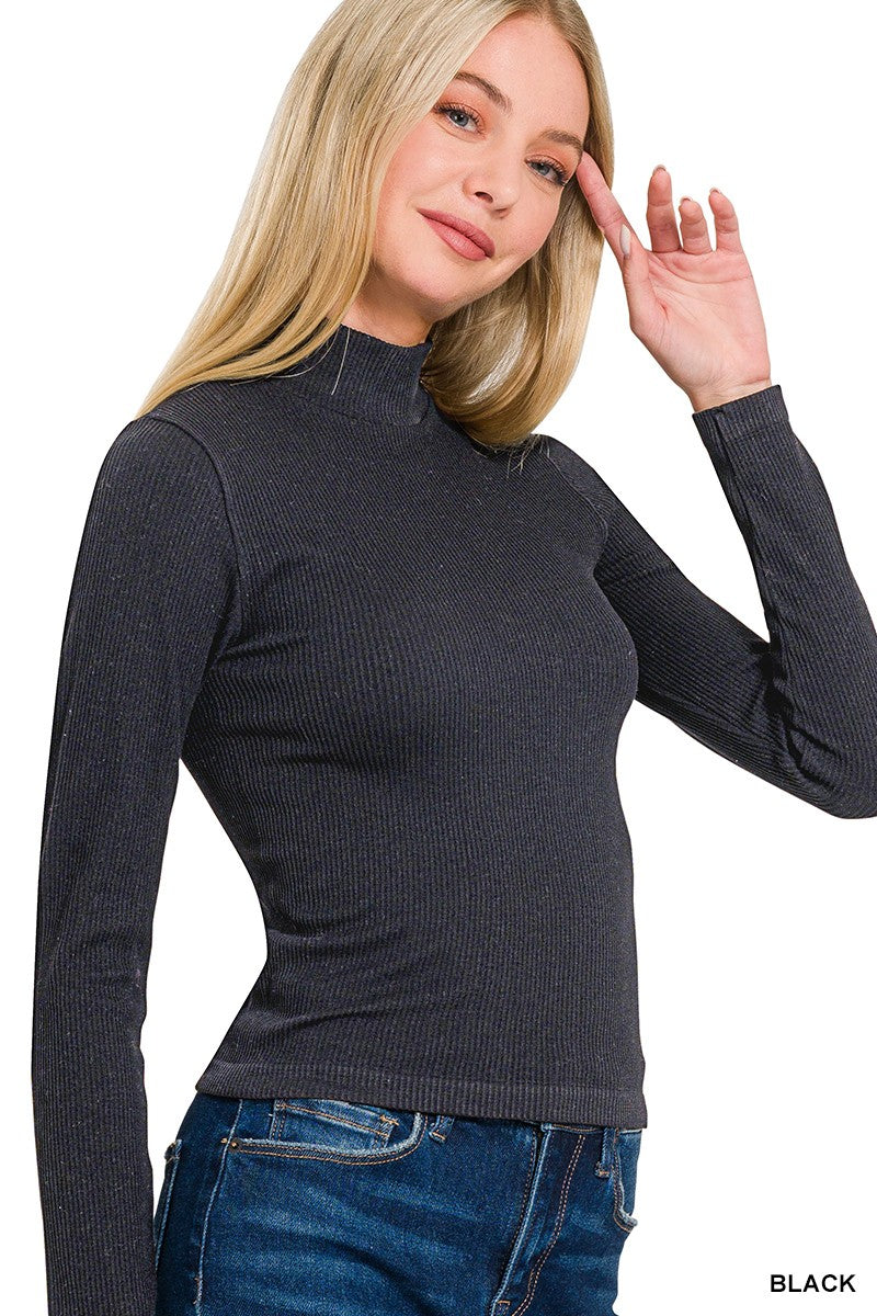 Ribbed Seamless Mock Neck Long Sleeve- NT-6323A- Black- 
