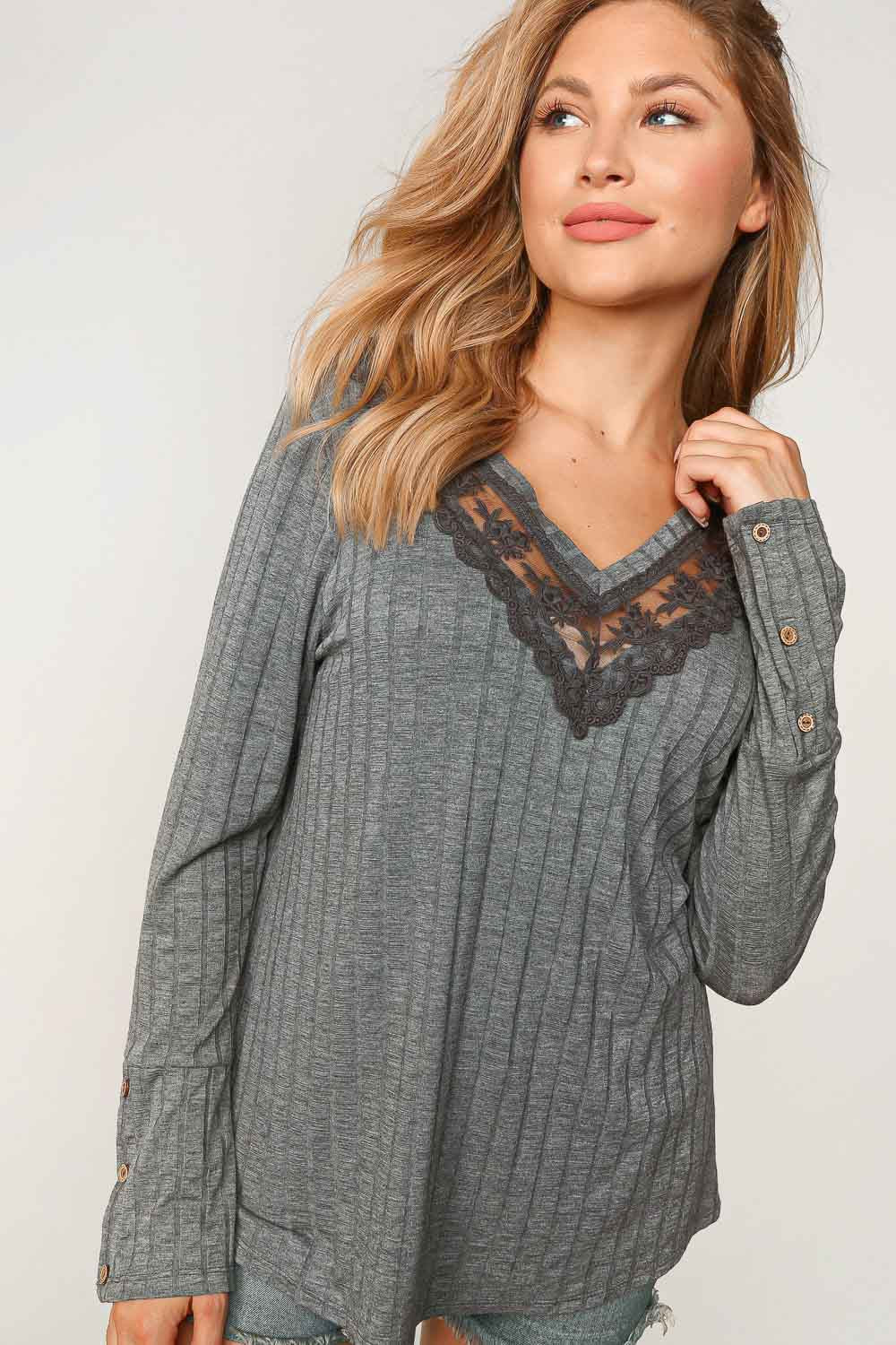 Ribbed V-Neck with Lace Trim Neck- Grey- 