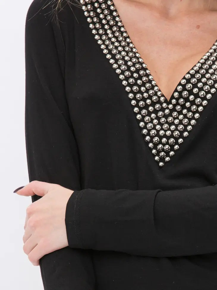 Bejeweled V-Neck Long Sleeve - Black 