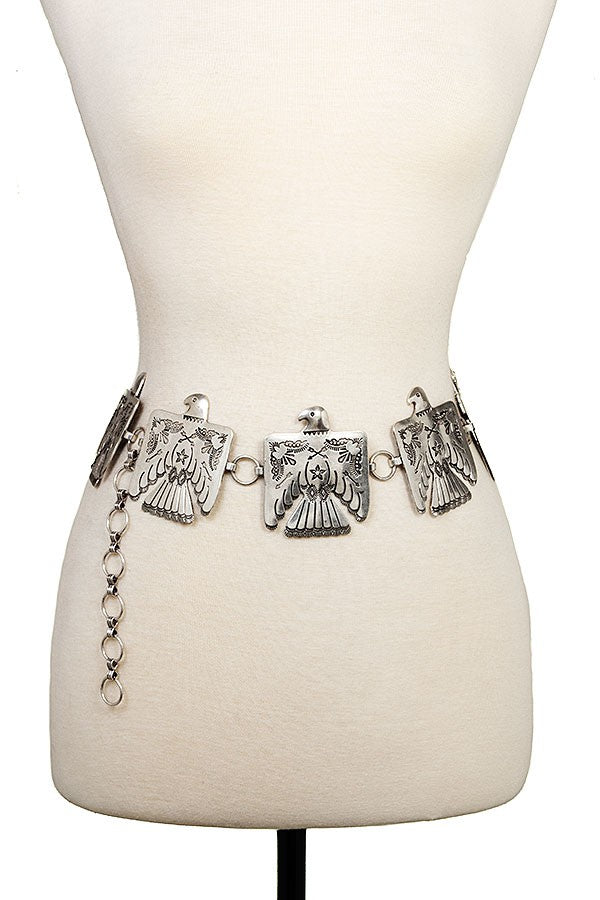 Etched Tribal Bird Concho Belt- Silver- S/M