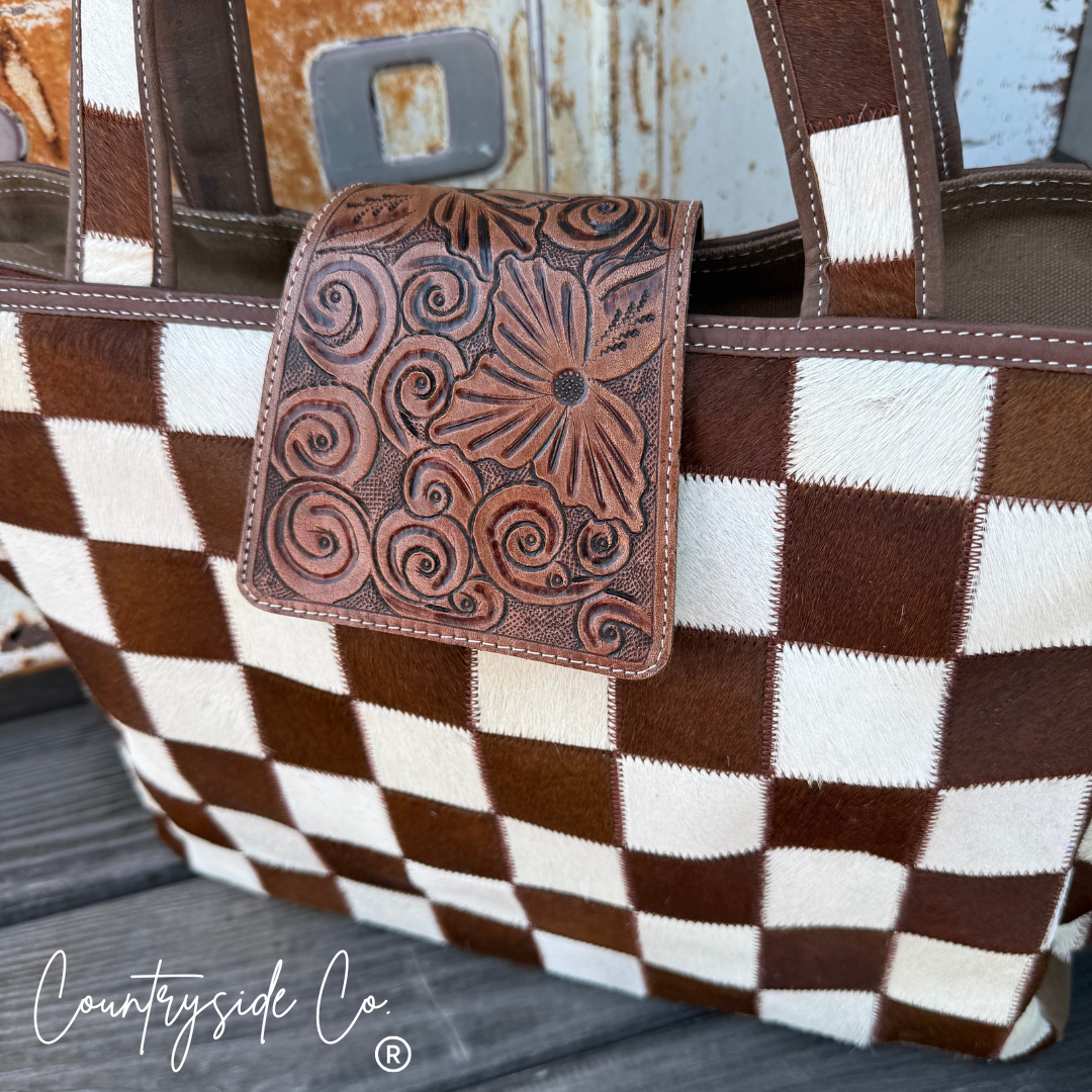 The Homestead Cowhide Checkered Tote Carryall: Black