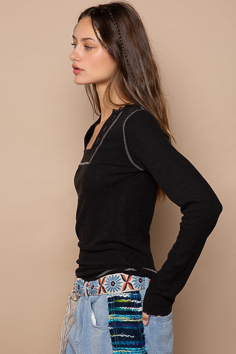 Ribbed Square Neck Long Sleeve with Contrast Stitch- Black- 