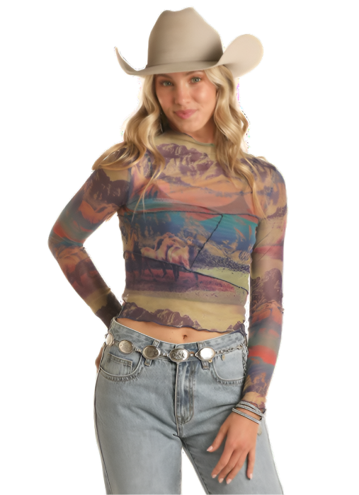 Western Scene Mesh Top 