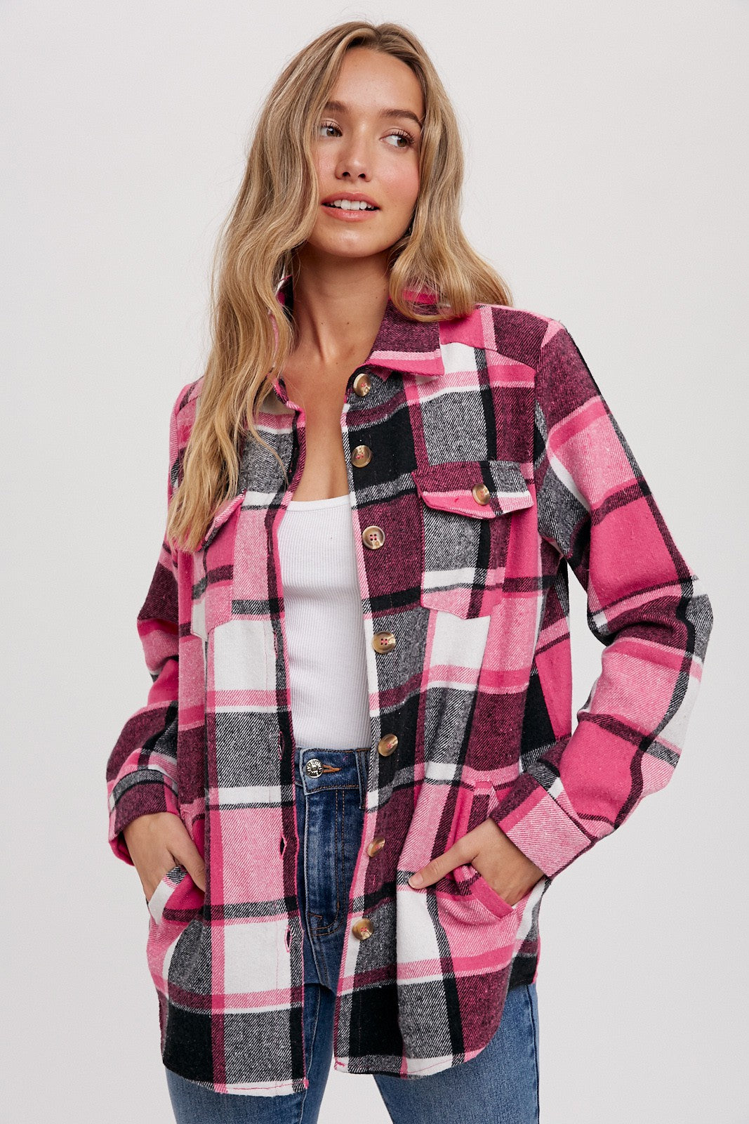 Flannel Shacket- Pink Plaid- 