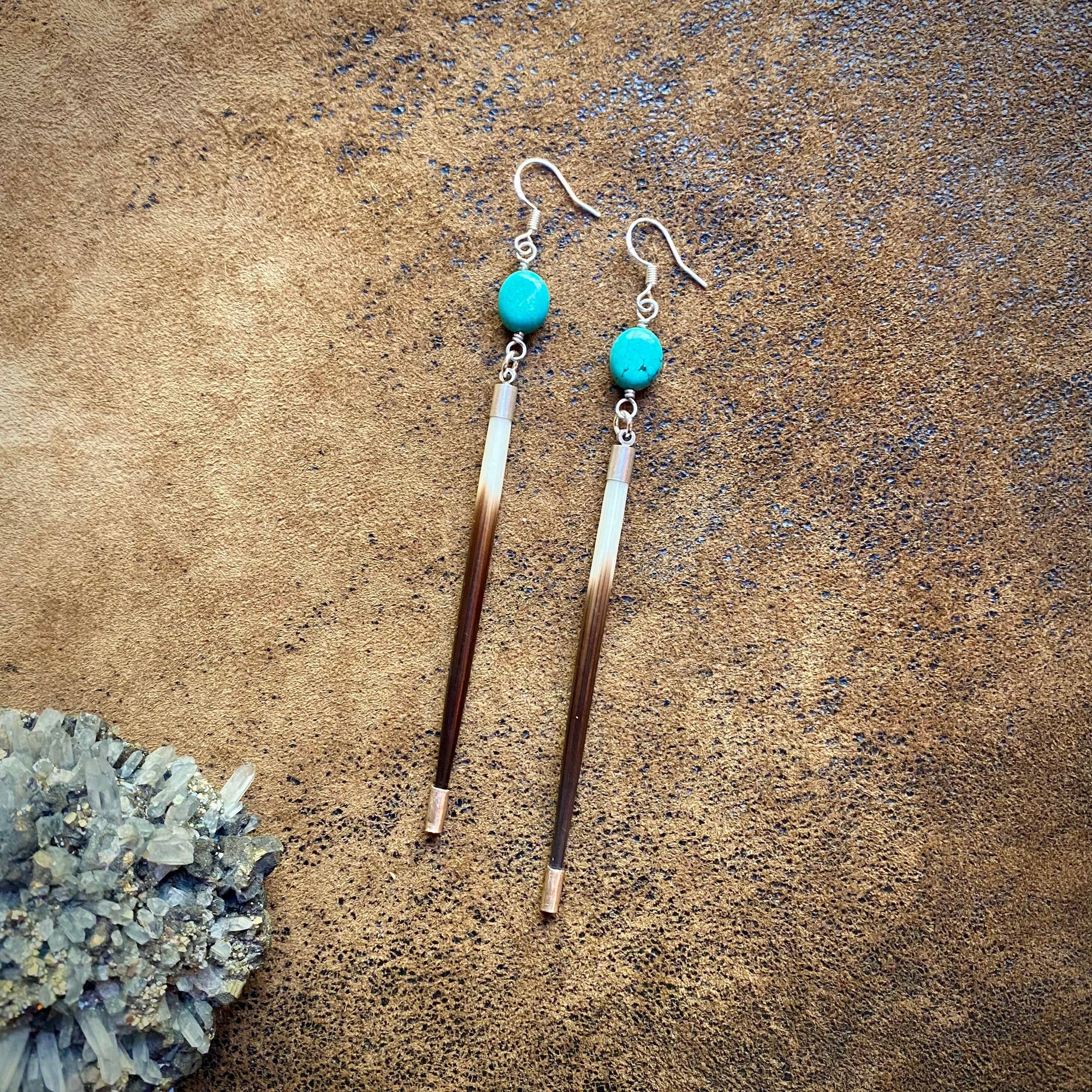 Porcupine Quill &amp; Turquoise Earrings, with Silver Earwires