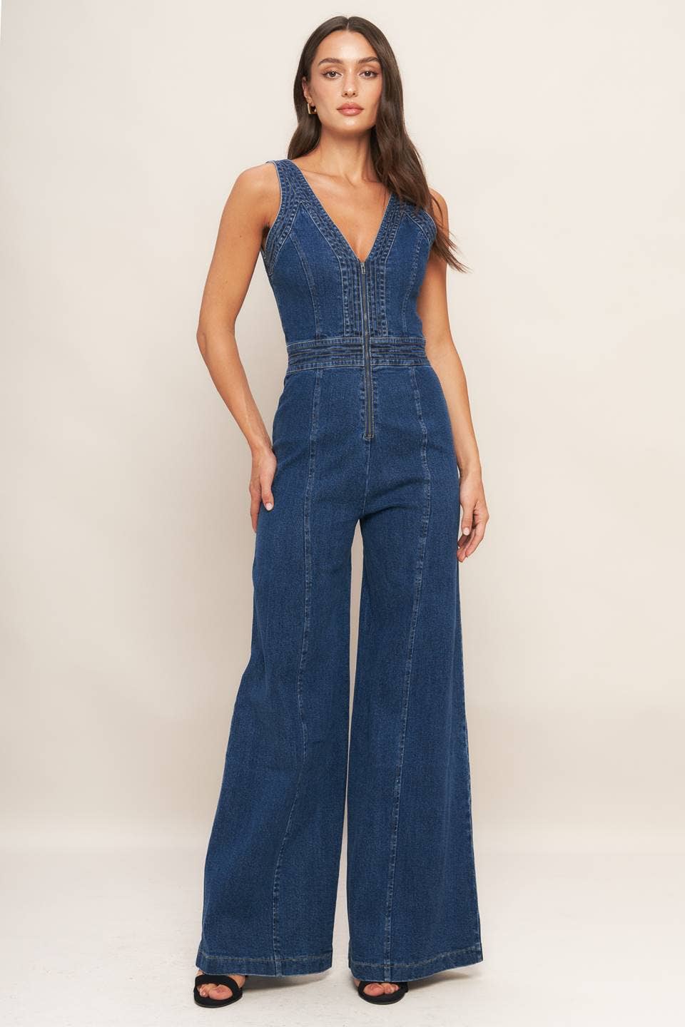 V-Neck Wide Leg Jumpsuit- Medium Indigo