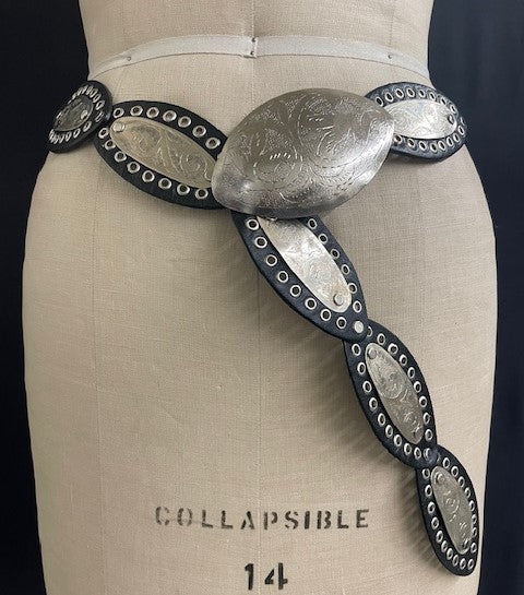 Handmade Oval Leather Belt with Silver Plated Concho- B317- Black
