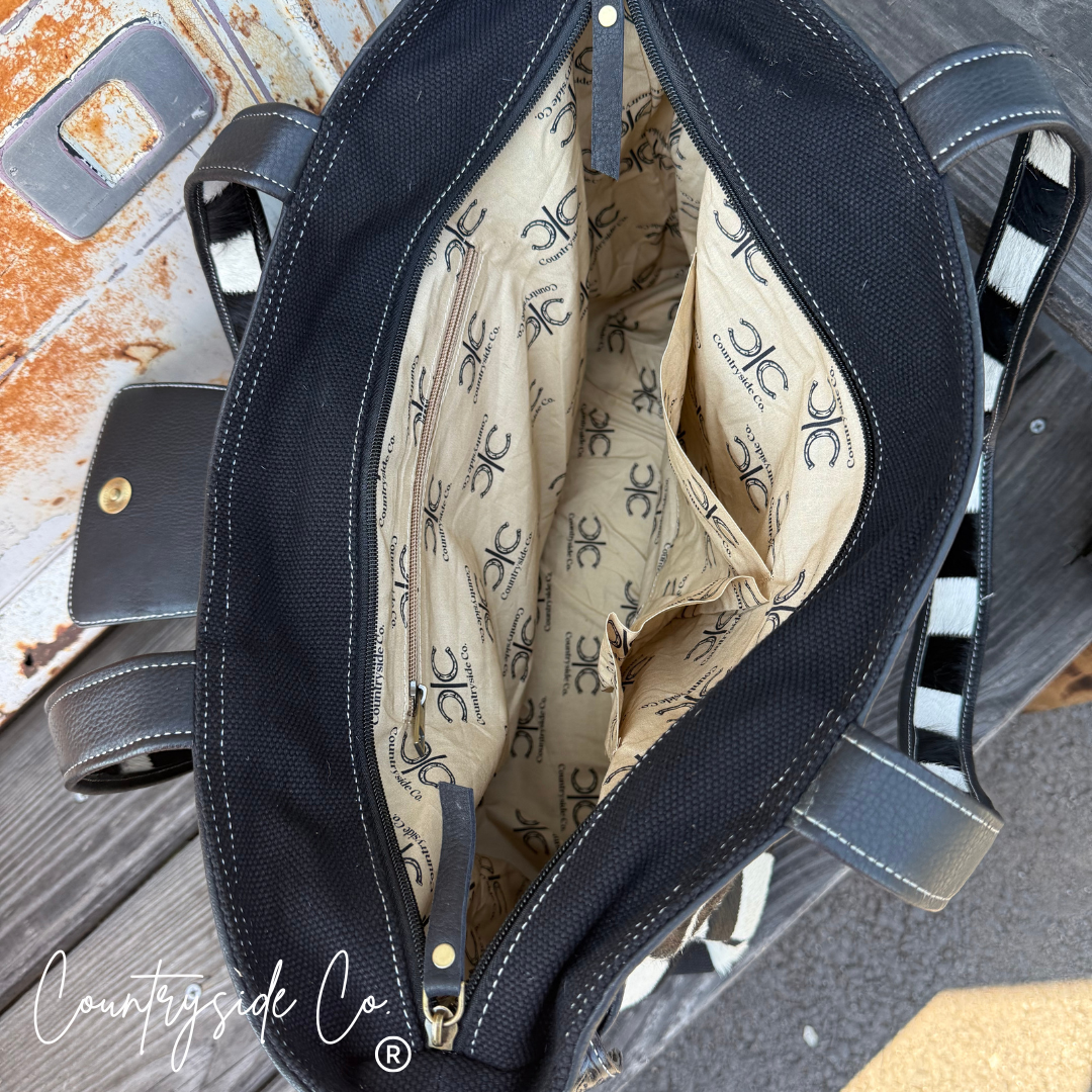 The Homestead Cowhide Checkered Tote Carryall: Black