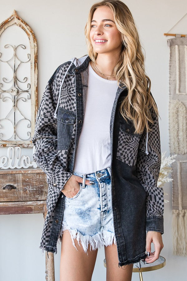 Checkered Hooded Shacket- MJ1065 - Black 