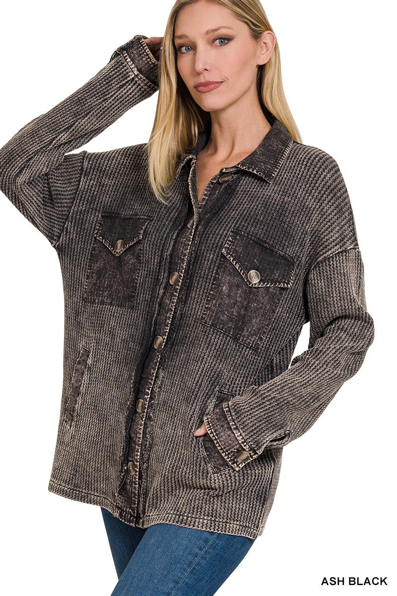 Waffle Acid Wash Shacket- Ash Black
