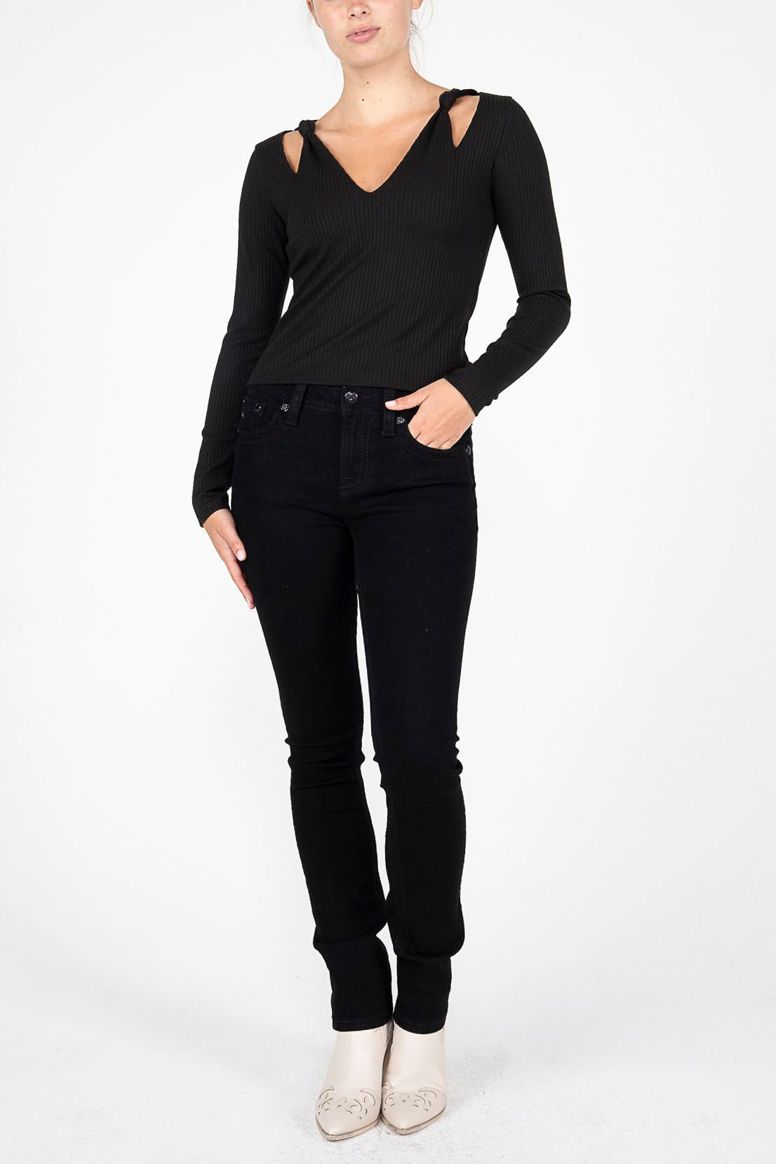 V-Neck Knot Tie Top- Black- 