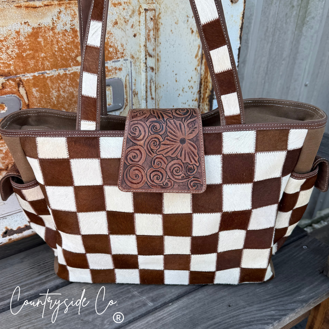 The Homestead Cowhide Checkered Tote Carryall: Black
