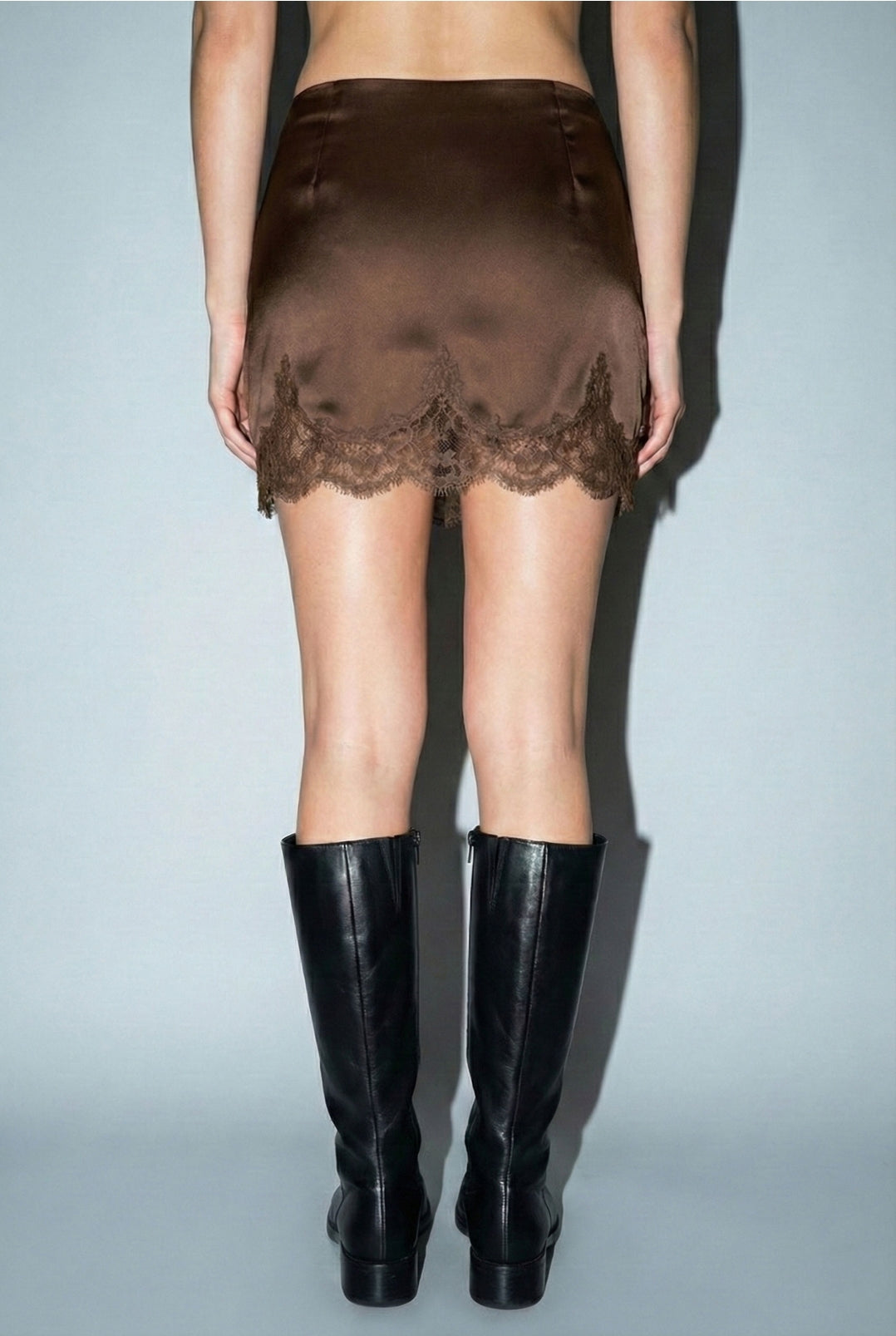 Satin Lace Trim Skirt- Black