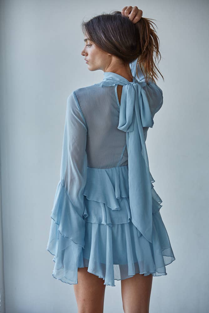 Woven Chiffon Ruffled Dress- Dusty Blue