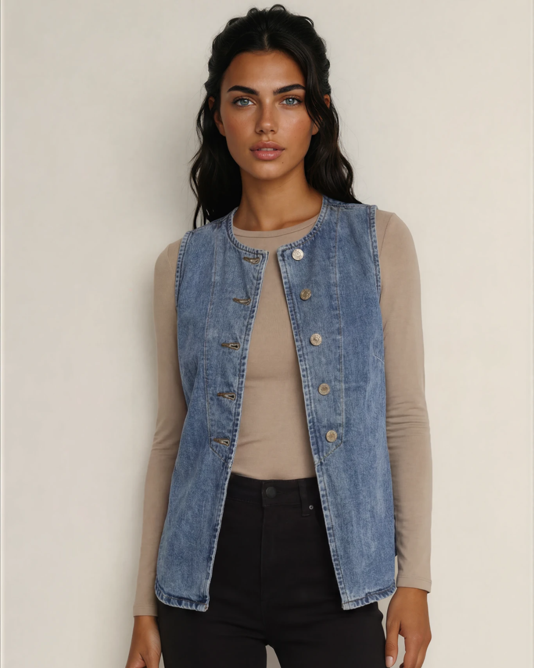 Long Denim Vest- Medium Blue