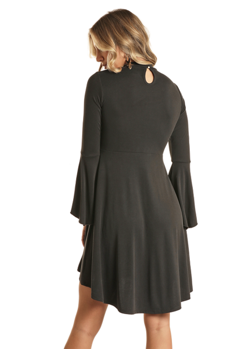 Bell Sleeve Studded Dress- Black- 