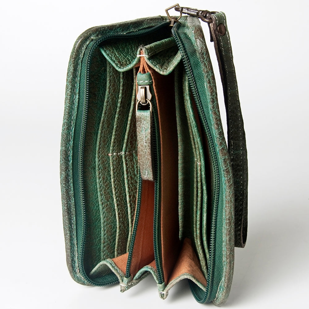 Studded Leather Zip Wallet with Strap: Green: NMBGZ110E