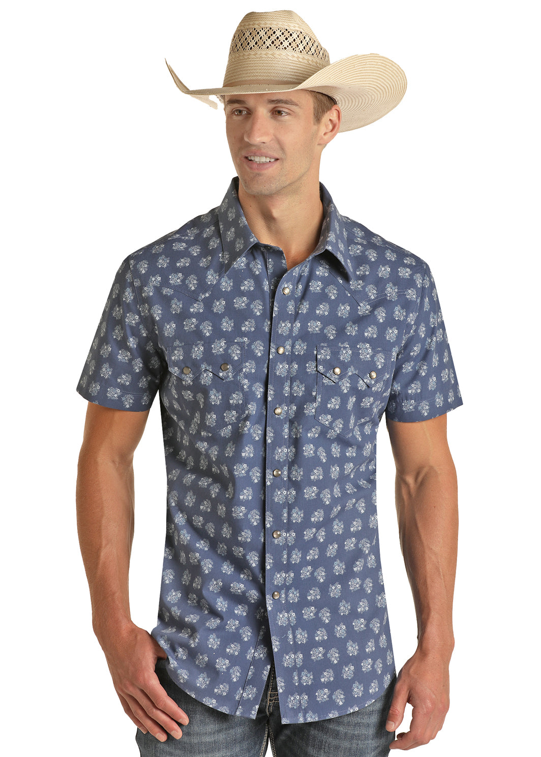 Vintage Blue Floral SS Pearl Snap 