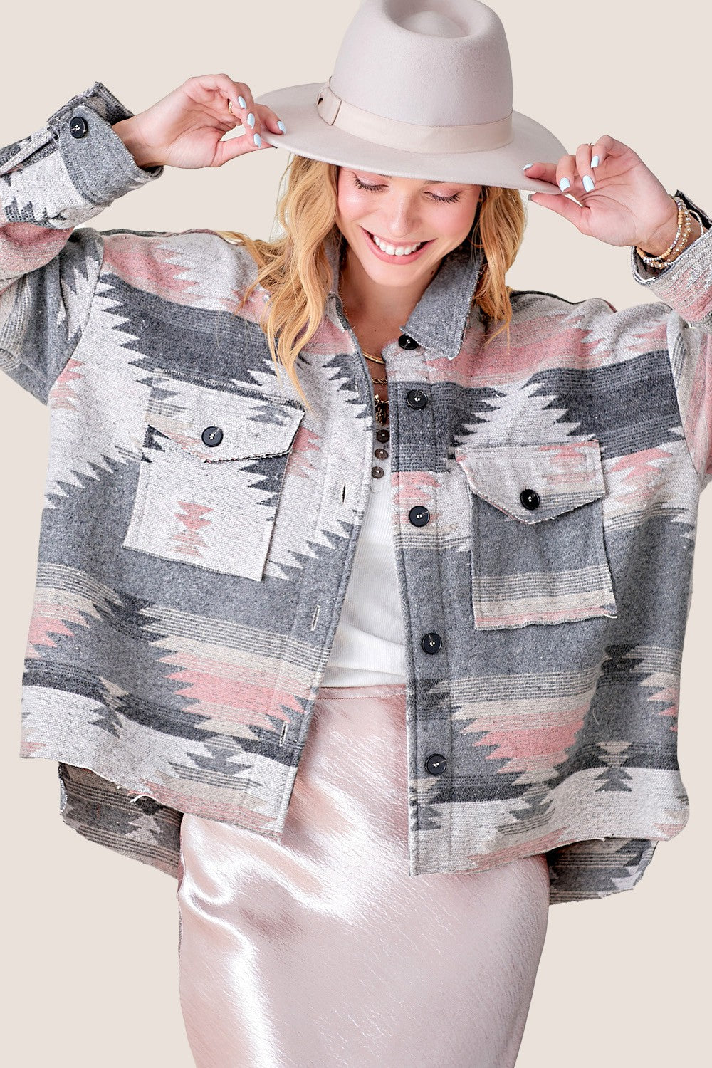 Aztec Print Shacket- Grey/Pink- 
