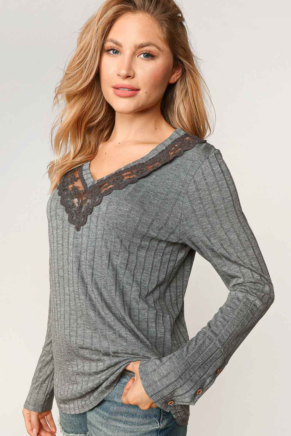 Ribbed V-Neck with Lace Trim Neck- Grey- 
