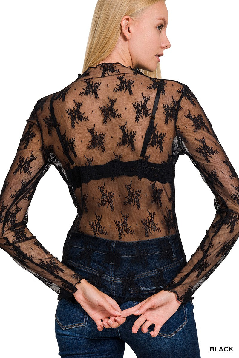 Sheer Lace Applique Top- Black 
