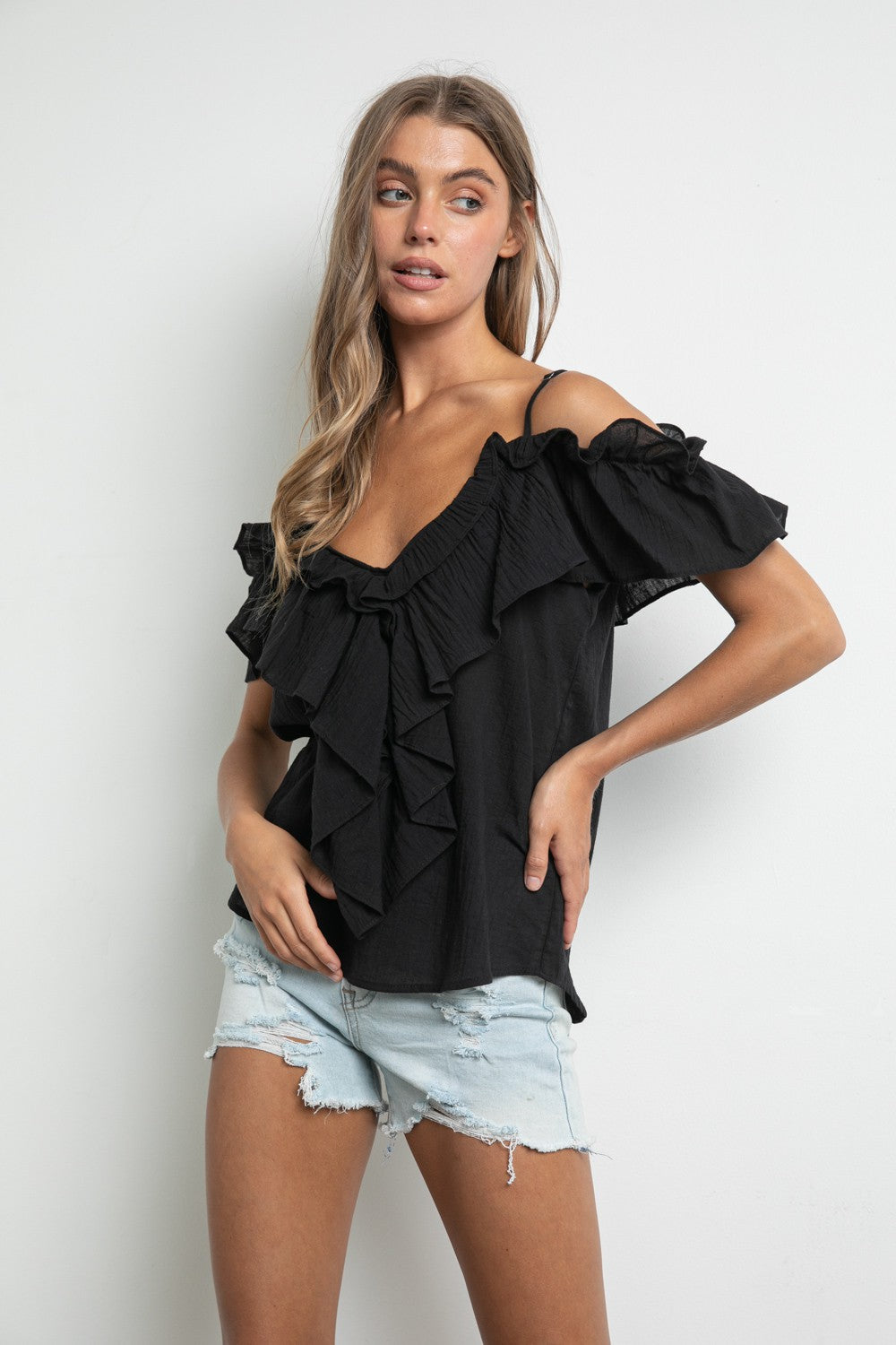 Off-Shoulder Ruffle Sleeve Top -  Black 
