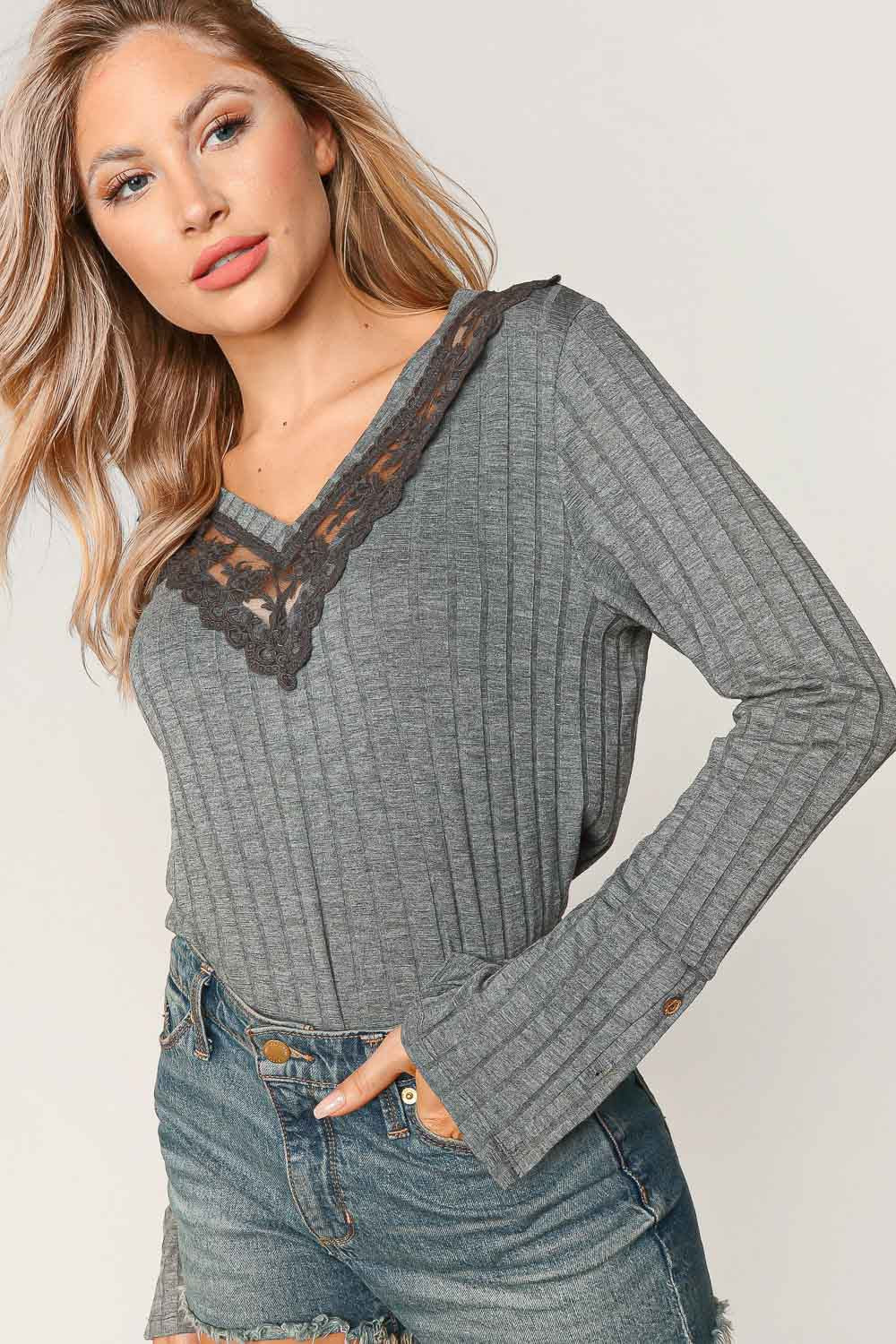 Ribbed V-Neck with Lace Trim Neck- Grey- 