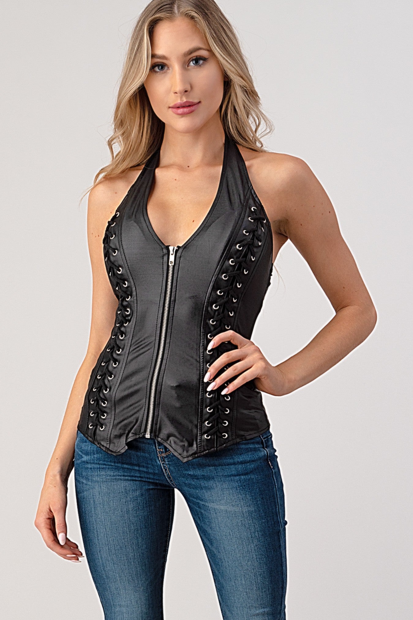 Lace-Up Detail Leather Halter- L3920- Black 
