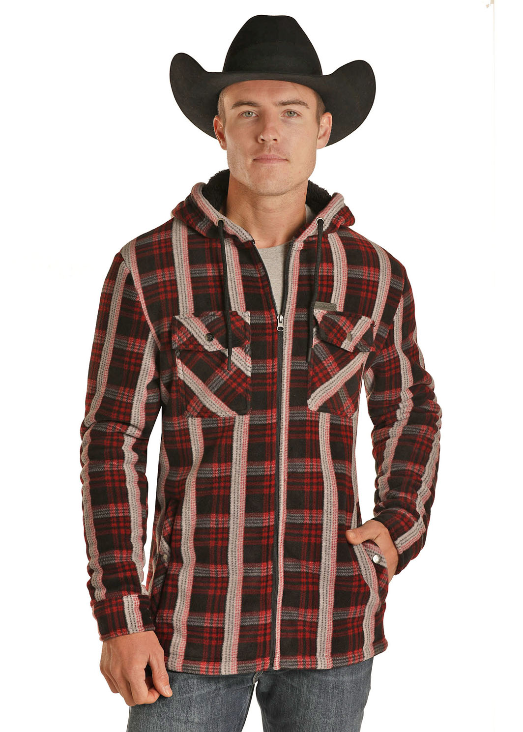 Fleece Hoodie Shacket in Red Plaid 