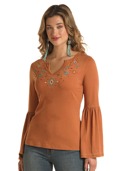 Embroidered Bell Sleeve Top- LW52T02911