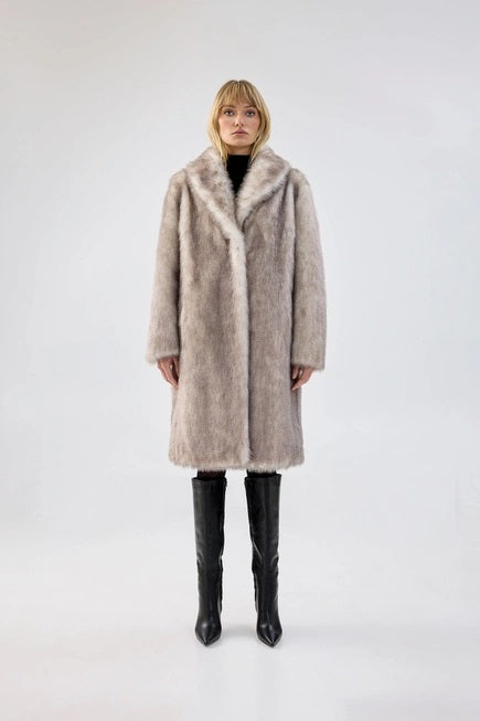 Elixir Luxe Faux Fur Trench Coat- Grey Natural - 