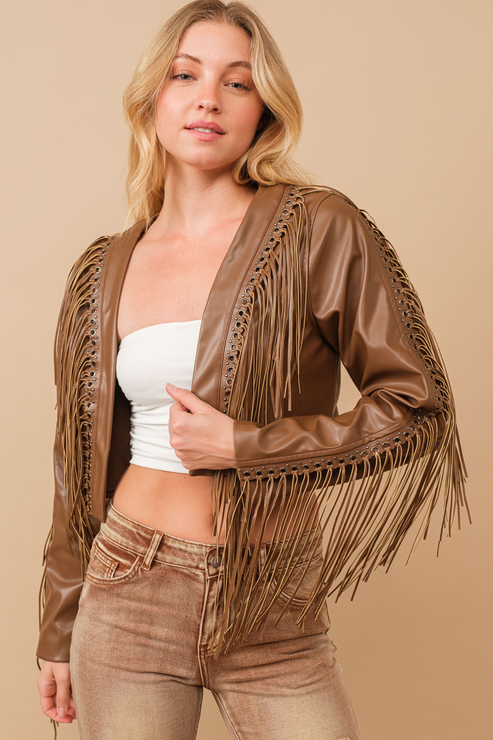 Faux Leather Cropped Eyelet Fringe Jacket- 61242J- Brown 