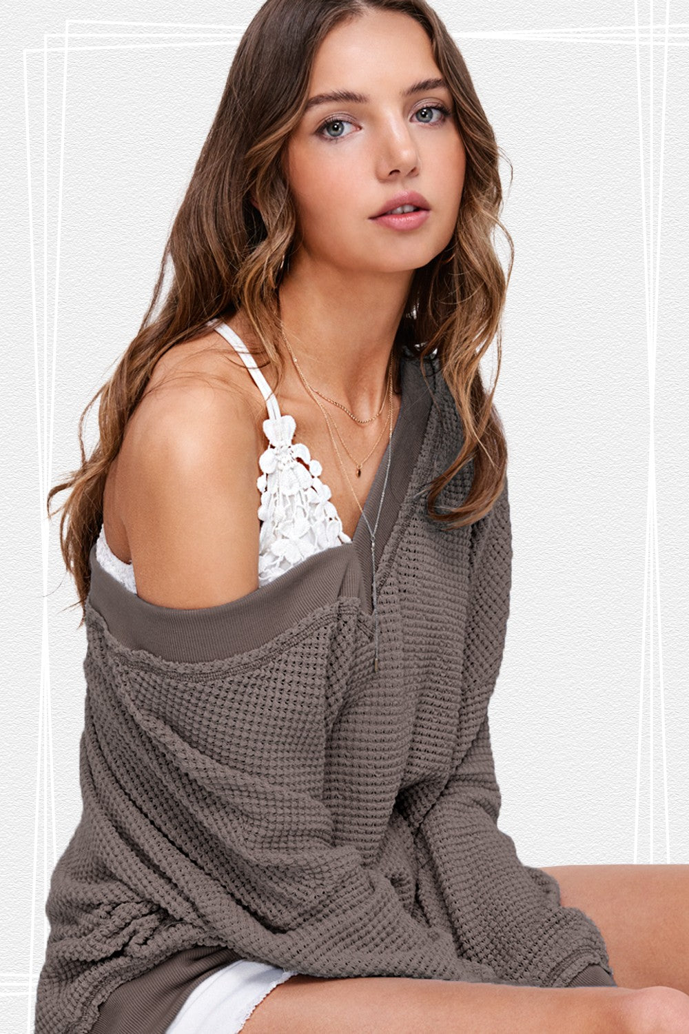 V-Neck Waffle Sweater- Charcoal- 