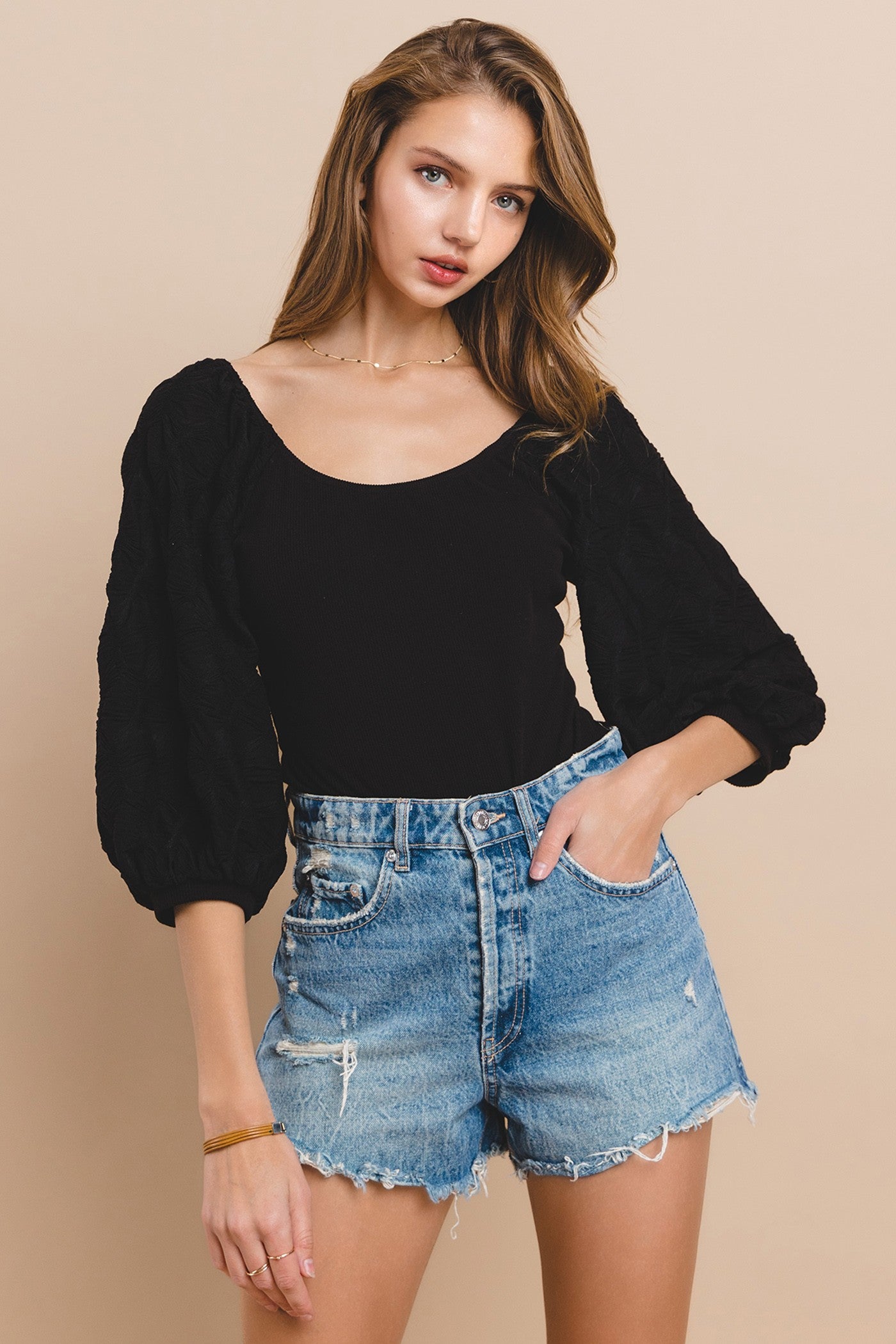 Scoop Neck Balloon Sleeve Bodysuit- Black- 